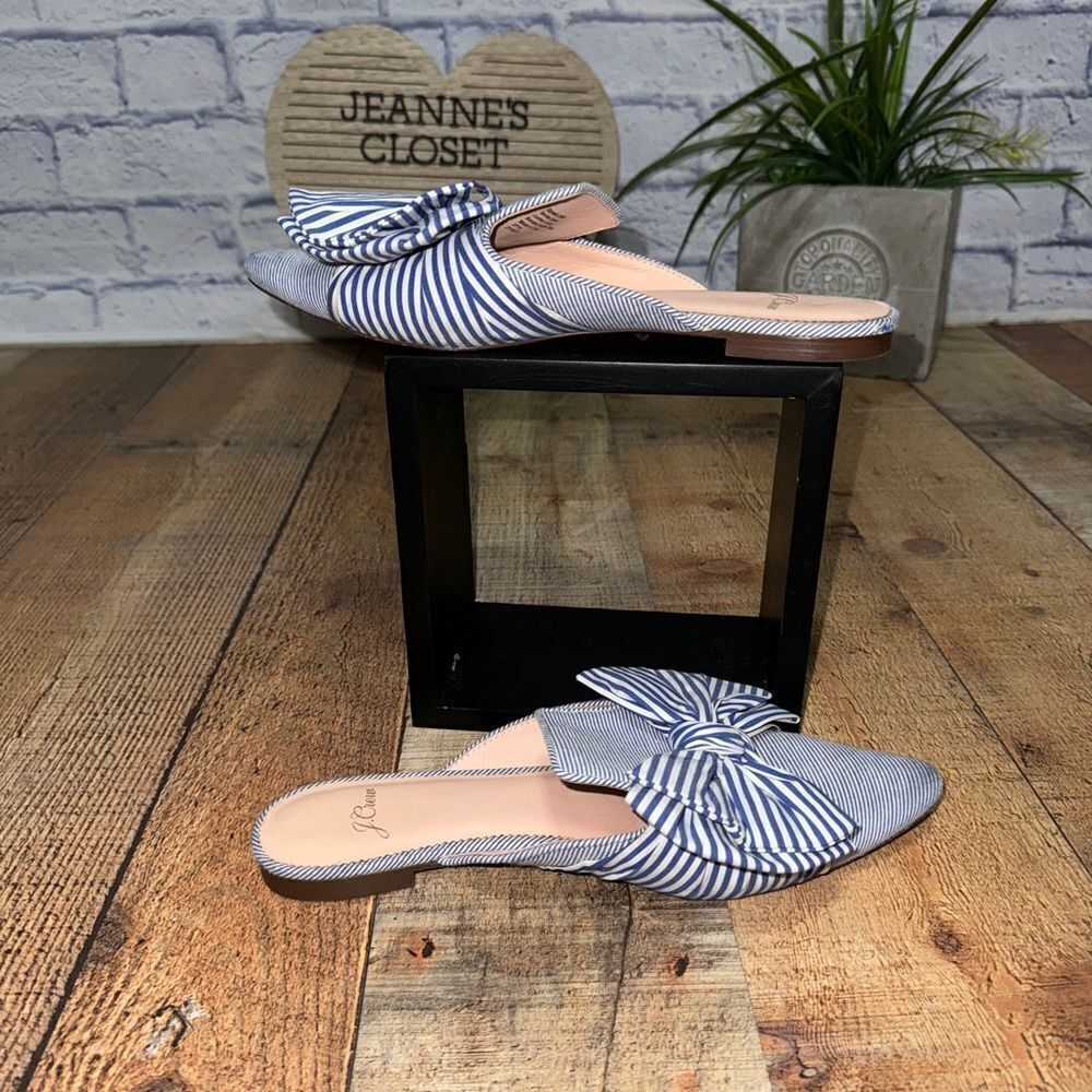 J.Crew Pointed Toe Mixed Stripe Bow Slides Blue White Mules Flats Fabric 7.5 - Picture 3 of 12